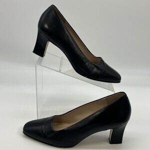Pesaro Black Leather Slip On Pump Shoes Heels 10M Made In Brazil Classic Office